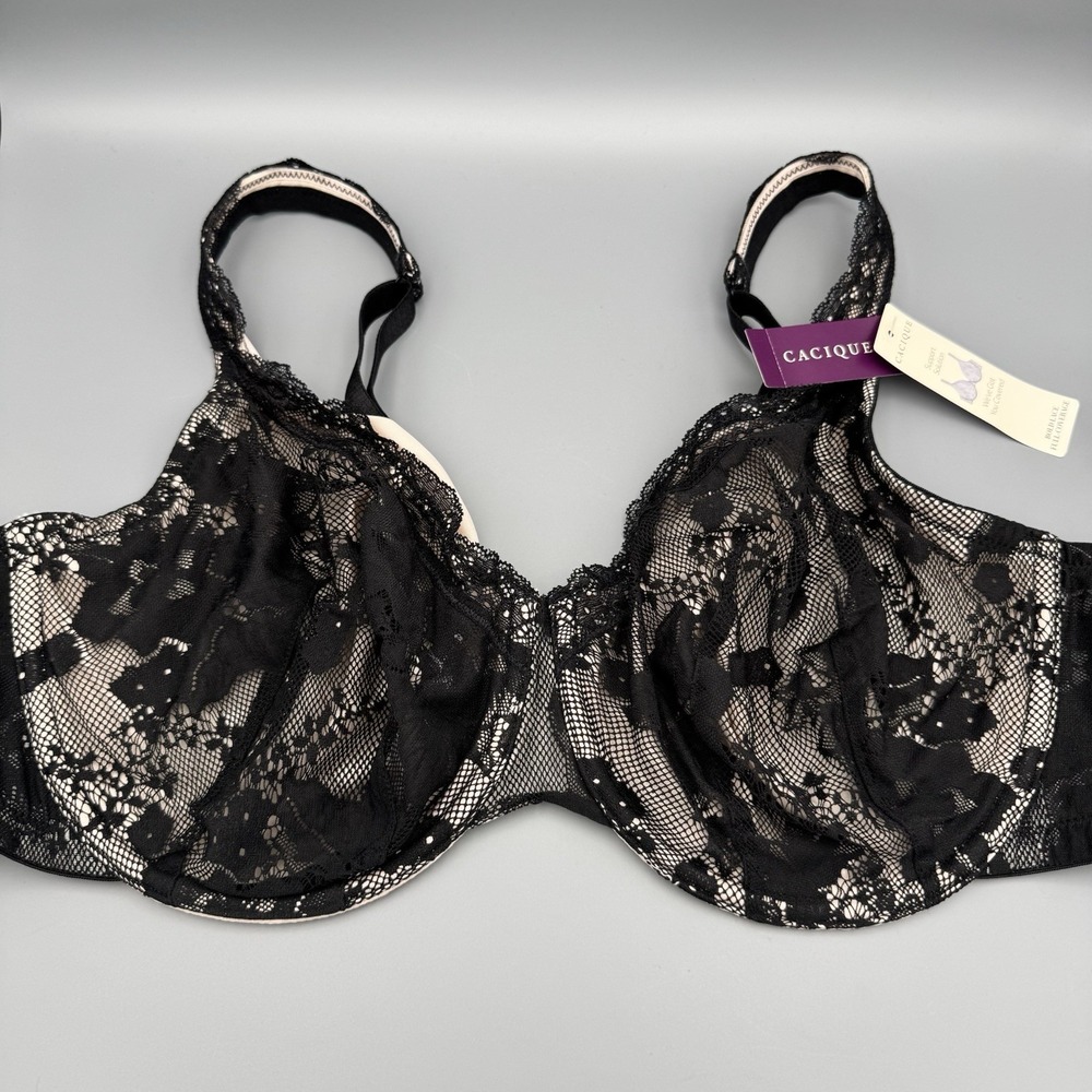 NWT! Cacique Bold Lace Full Coverage Bra 42D Underwire Black‎ Lace